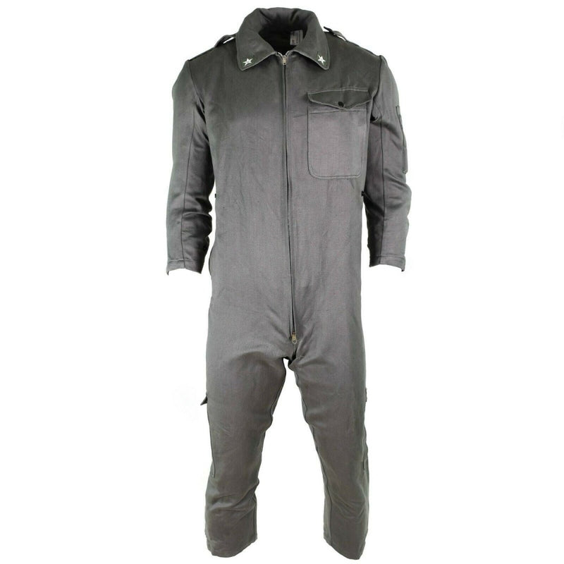 Genuine Italian Army military grey coverall suit with zip-front, chest pocket, and durable cotton blend fabric.
