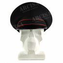 Authentic Italian Army Military Police black peaked cap with red trim and visor displayed on a white mannequin head.