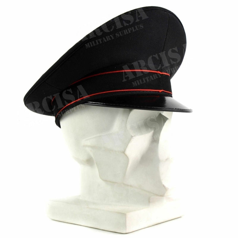 Genuine Italian Army black Military Police peaked cap with red trim and visor displayed on white mannequin head.
