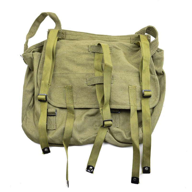 Genuine Romanian army olive canvas bread bag with double buckle closures and adjustable shoulder strap military surplus