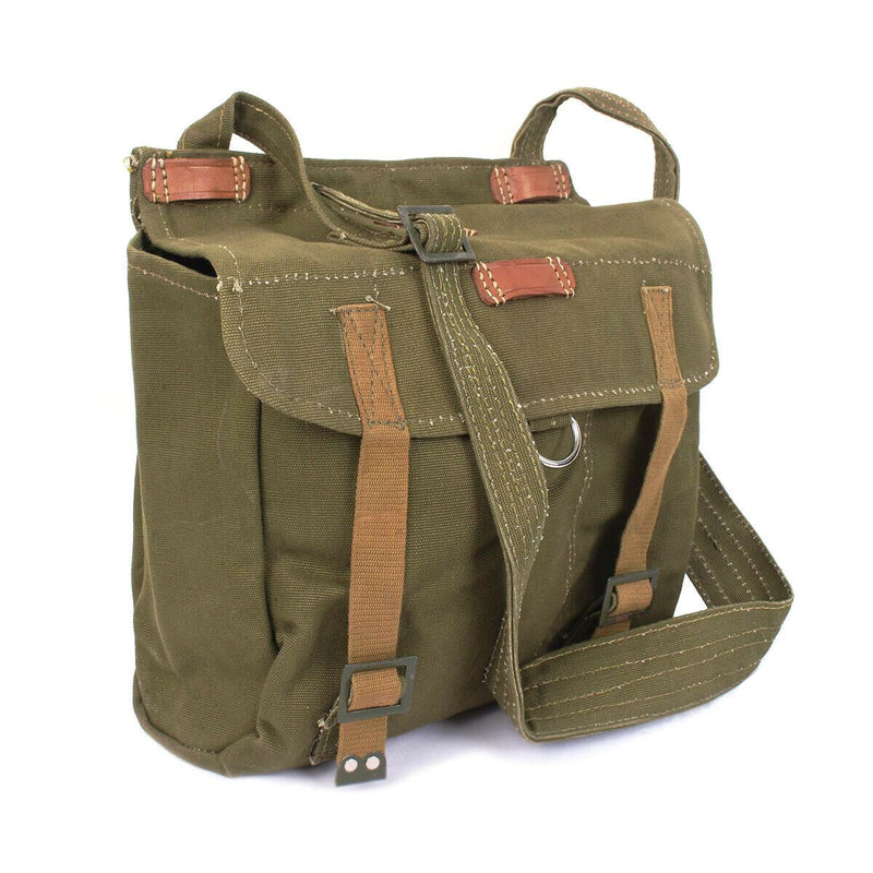 Genuine Romanian army bread bag made of olive green canvas with leather accents and adjustable shoulder strap