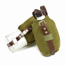 Vintage Romanian army canteen with green felt cover and leather straps, durable metal flask for outdoor use or collection.