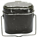 Vintage Romanian Army aluminum mess kit with foldable handle, ideal for camping and outdoor use, shows wear from use.