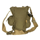 Vintage Soviet Russian Army surplus canvas gas mask bag with adjustable shoulder strap and multiple storage compartments.