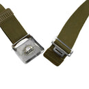 Vintage genuine Spanish army belt with durable olive canvas strap and metal military buckle isolated on white