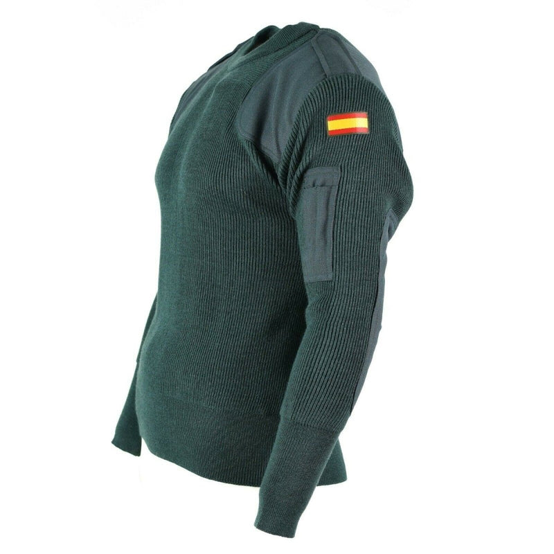 Genuine Spanish Army Commando Jumper with reinforced elbows, pen pocket, and Spanish flag patch on sleeve, military green sweater.