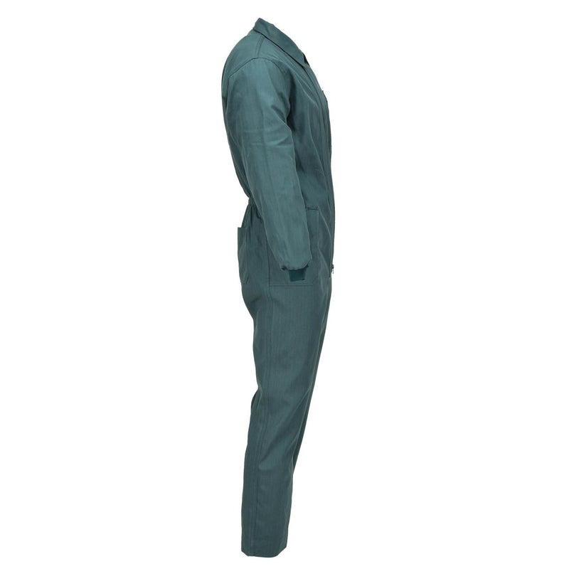 Side view of genuine Spanish military green ripstop workwear coverall jumpsuit with elastic waist and multiple pockets