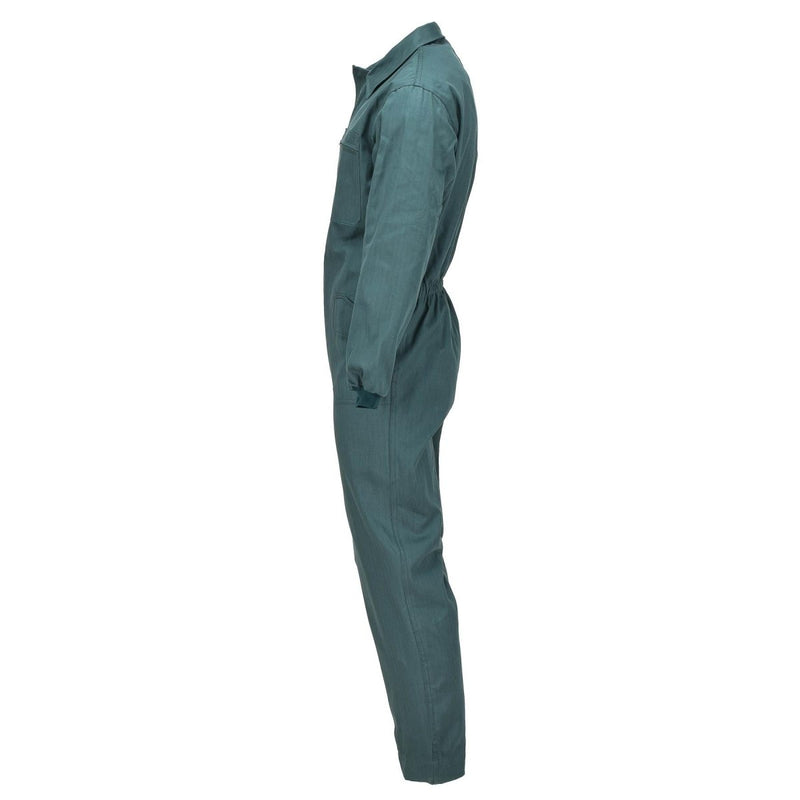 Side view of genuine Spanish military green ripstop workwear coverall with elastic waist and long sleeves