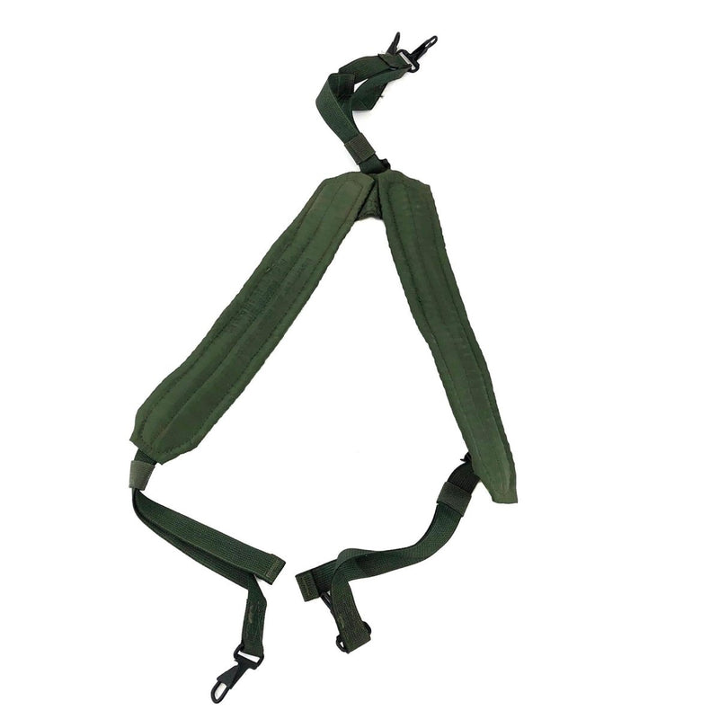 Genuine US Army LC-2 military belt suspenders in olive drab with padded shoulders and ALICE attachment clips.