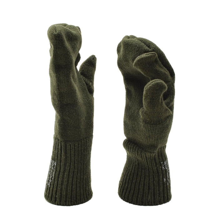 Abzugsfinger-Fäustlinge des US-Militärs aus grüner Wolle mit fingerfreiem Design für Wärme und Fingerfertigkeit im Freien.