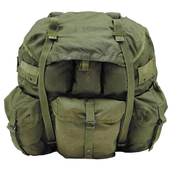 Genuine U.S. vintage military ALICE type waterproof 50L backpack with multiple pouches and adjustable straps for camping.