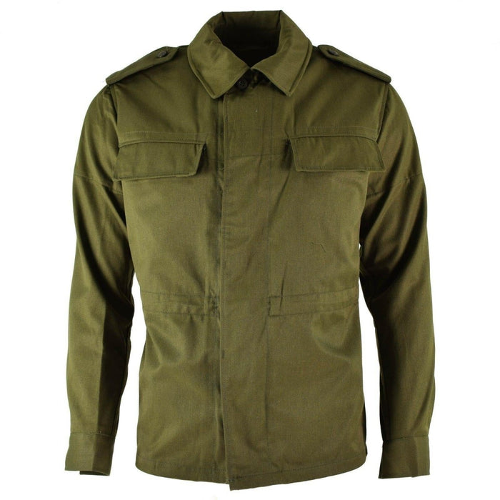 Vintage M85-Feldjacke der tschechischen Armee in Olivgrün mit Knopfleiste vorne und mehreren Taschen, aus strapazierfähigem Stoff.