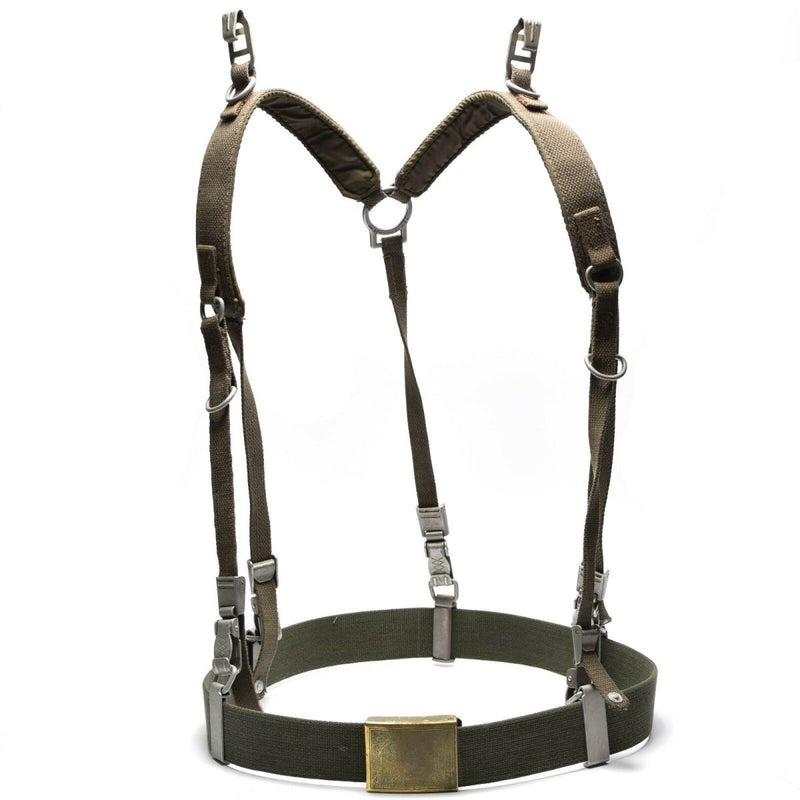 German army Y-strap suspenders with adjustable webbing, aluminum D-rings, metal clips, and brass buckle belt harness system
