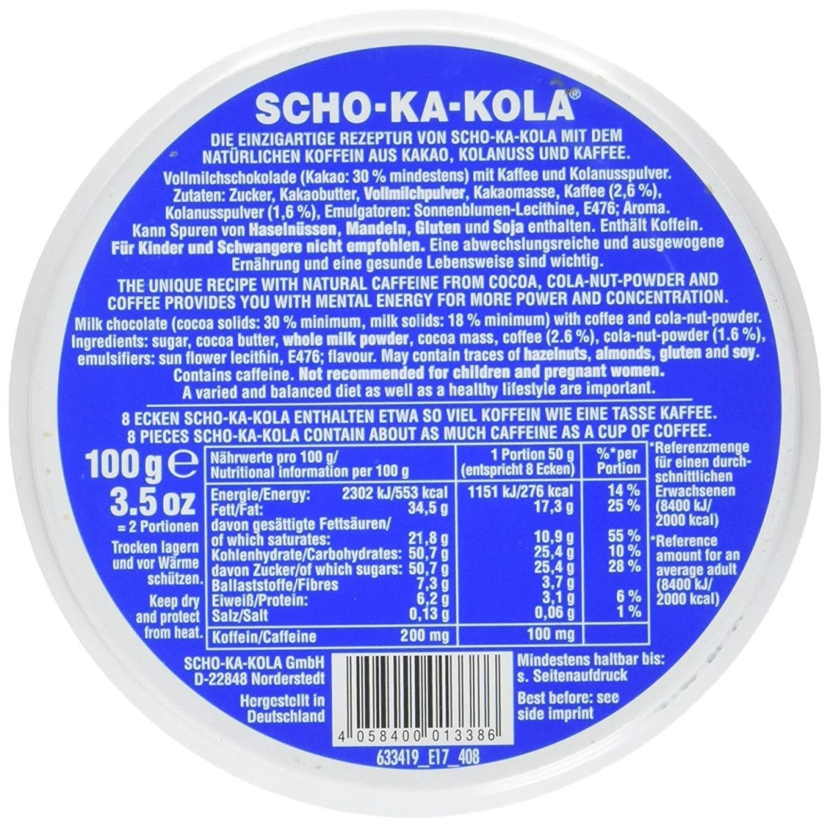 Deutsche Energiemilch-Schokolade SCHO-KA-KOLA Vollmilch 100 g Blechdose blau