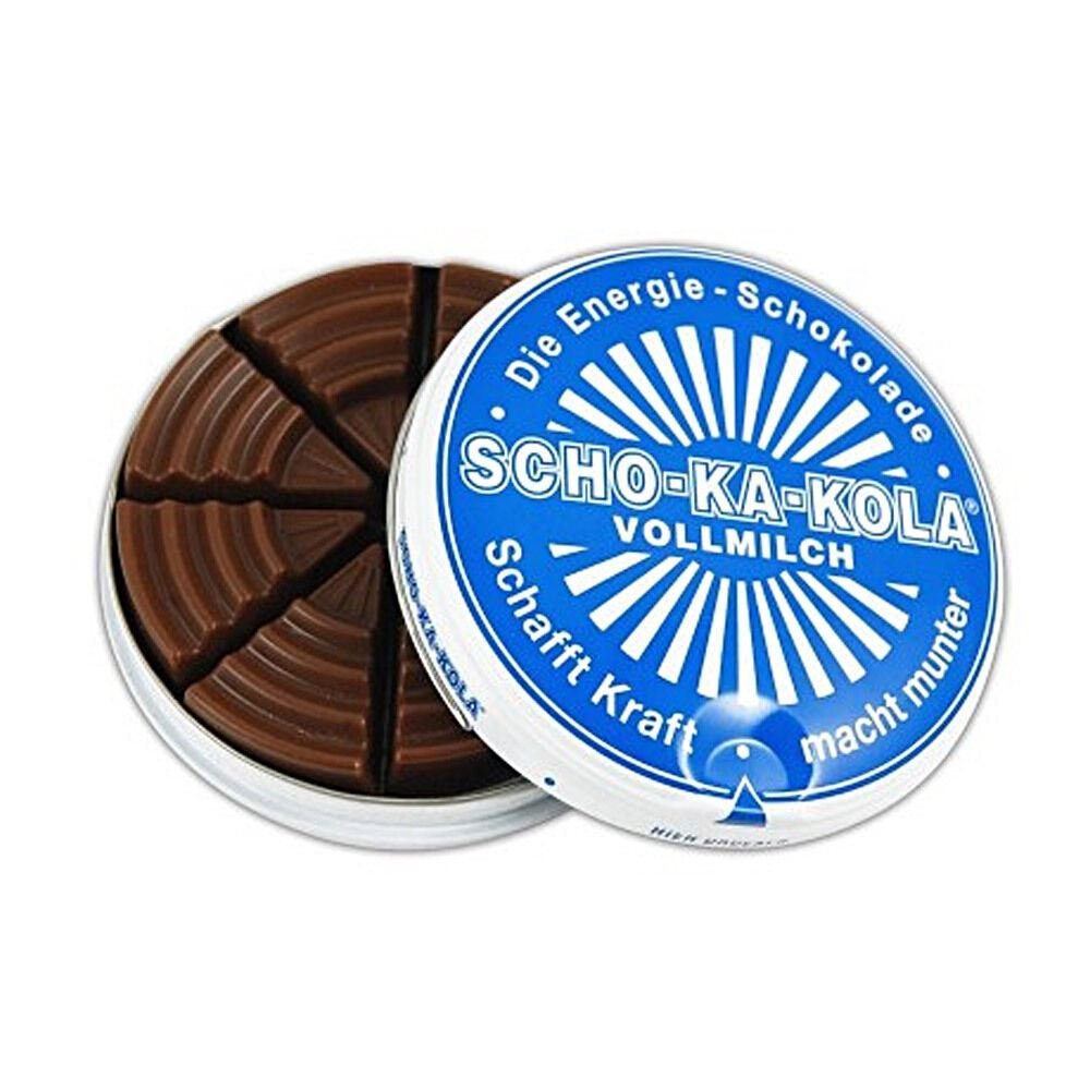 Deutsche Energiemilch-Schokolade SCHO-KA-KOLA Vollmilch 100 g Blechdose blau