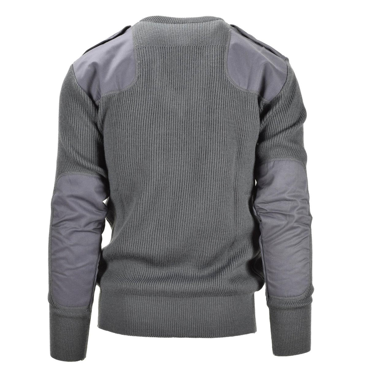 Italienischer Militärpullover aus grauer Wolle mit V-Ausschnitt und verstärkten Ellbogen