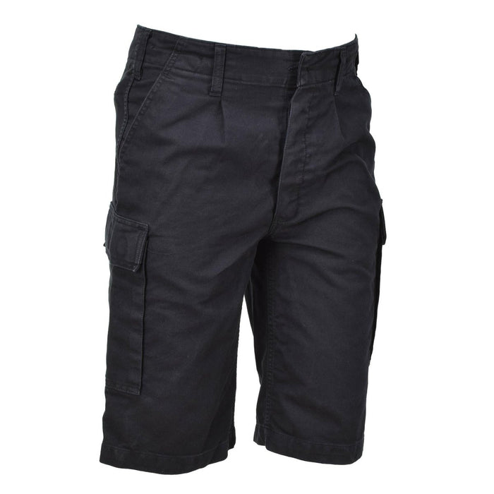 Schwarze knielange Militär-Bermudashorts mit Cargotaschen, strapazierfähigem Stoff und verstellbarem Bund für den Einsatz im Freien.
