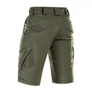 Olive green M-TAC army style Bermuda shorts with cargo pockets, stretchy ripstop fabric, and durable polycotton blend.