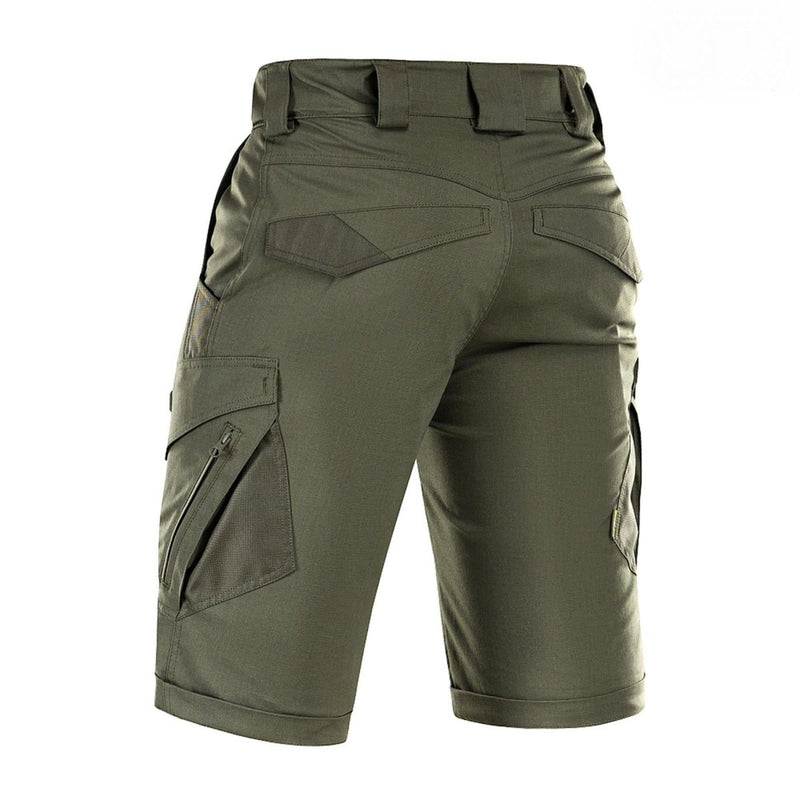 Olive green M-TAC army style Bermuda shorts with cargo pockets, stretchy ripstop fabric, and durable polycotton blend.