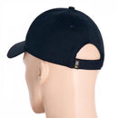 Back view of navy blue M-TAC military style baseball cap with adjustable hook and loop strap on mannequin head