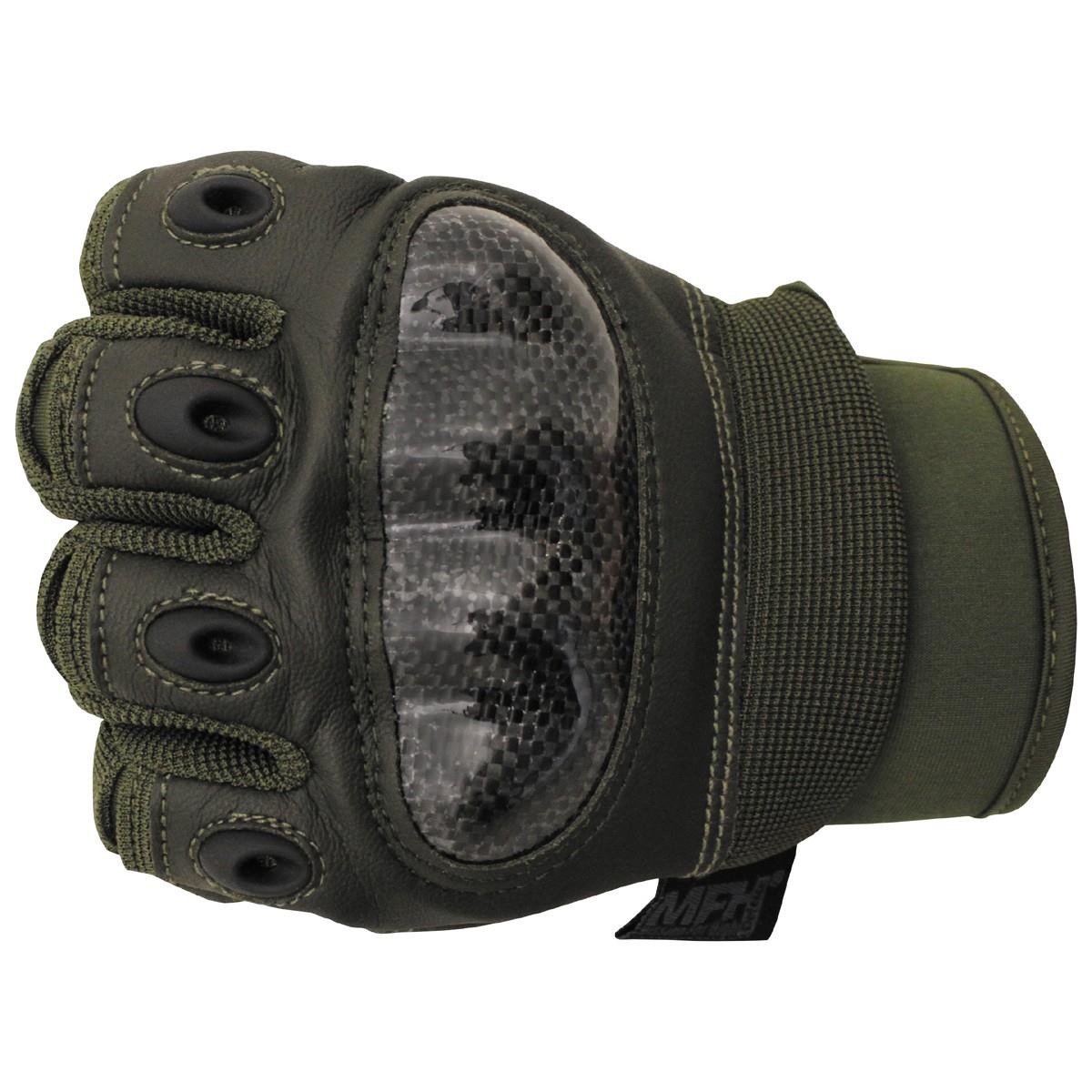 Taktische Handschuhe im Militärstil der Marke MFH Mission Combat in Olivgrün mit Free Fire-Finger