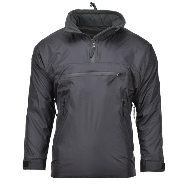 Black lightweight MFH thermal hooded Anorak jacket with front and side zip pockets for sports and outdoor activities.
