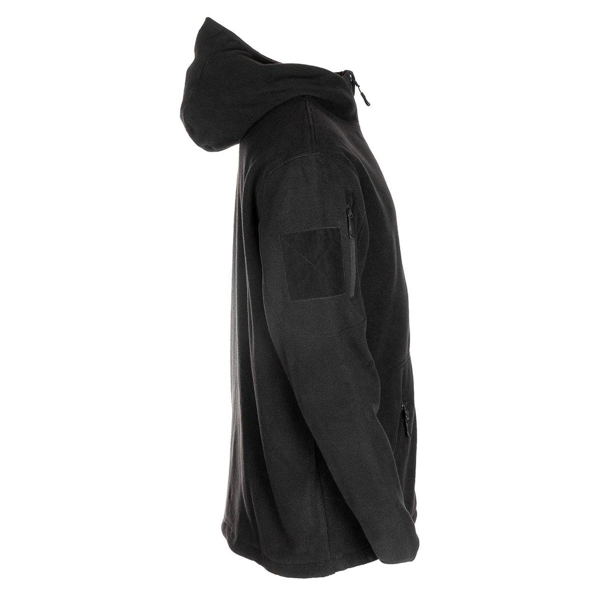 MFH Militärische schwarze taktische Fleecejacke mit Thermo-Kapuze und elastischem Saum NEU