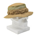 Tan military tactical boonie hat with mesh ventilation and MOLLE loops displayed on white mannequin head