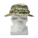 Camouflage military tactical boonie hat with mesh top and molle loops, displayed on a white mannequin head.