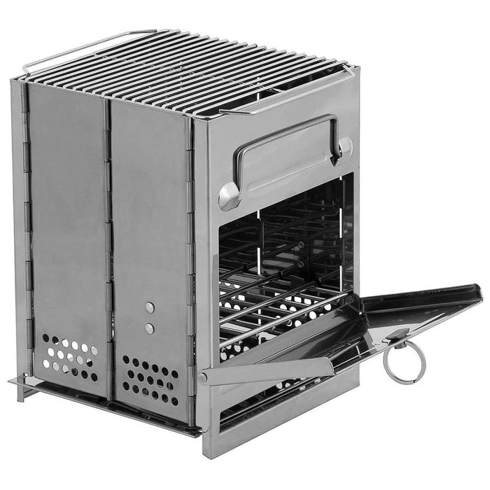 Portable stainless steel foldable rocket stove with BBQ grate for efficient outdoor camping grilling.