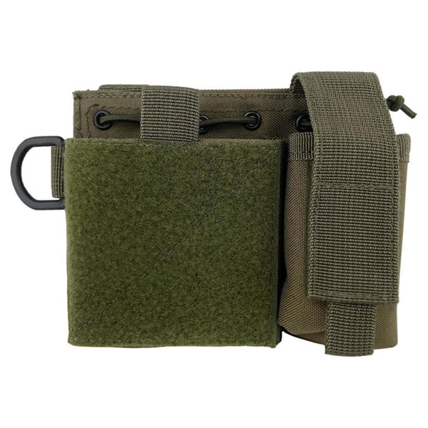 Olive green MIL-TEC admin pouch with MOLLE attachments for carrying flashlight, pen, and notebook securely.