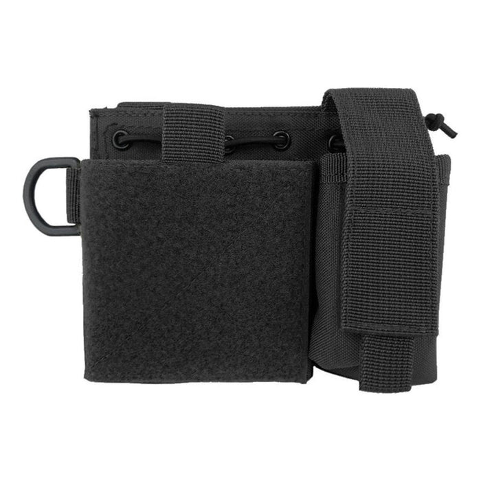 Schwarze MOLLE-Verwaltungstasche mit mehreren Fächern, robustem Design und Befestigungsgurten für die Organisation taktischer Ausrüstung.