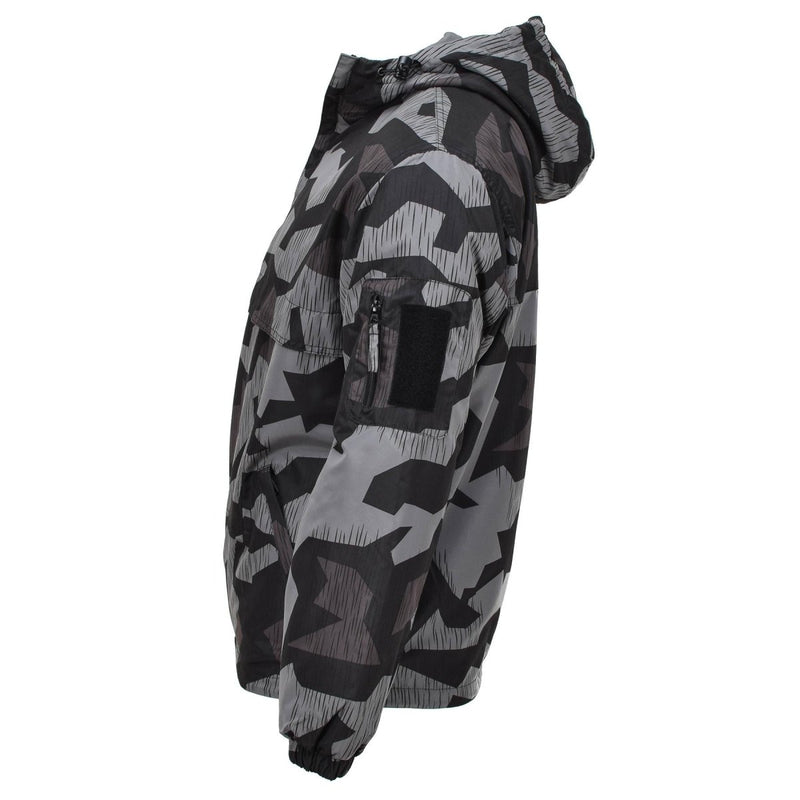 Side view of MIL-TEC Anorak jacket with splinter night camouflage, hood, and zippered sleeve pocket.