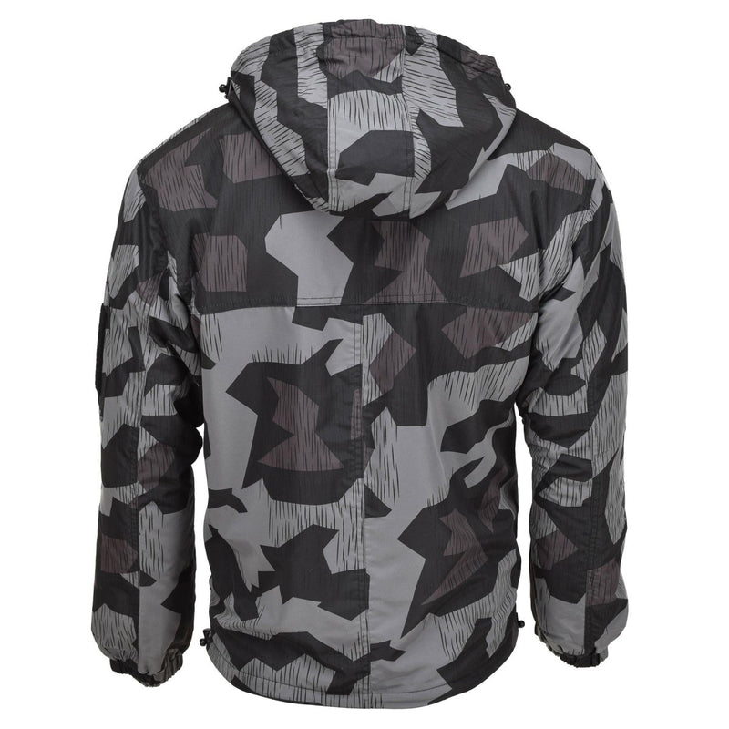 Back view of MIL-TEC Anorak jacket in splinter night camouflage with hood, designed windproof and warm for cold weather.