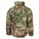 Back view of MIL-TEC camouflage softshell tactical jacket with waterproof hood and fleece lining.