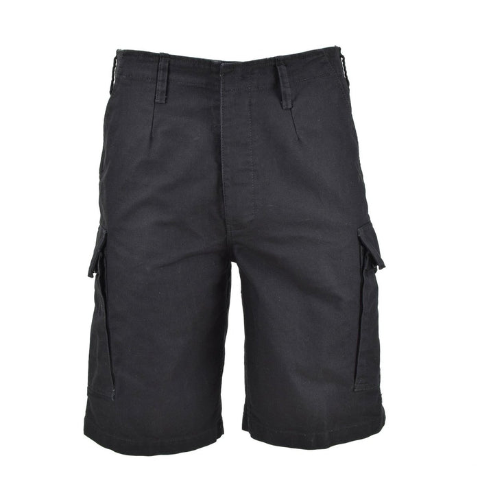 Schwarze Bermudashorts aus vorgewaschenem Moleskin mit Cargotaschen, inspiriert vom Stil der Bundeswehr für robuste Haltbarkeit.