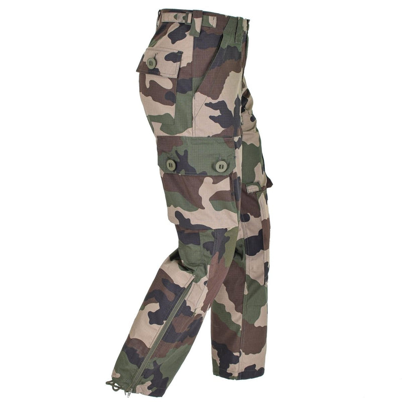 Mil-Tec military-style French CCE camo commando BDU pants with ripstop fabric, padded knees, and zippered bottoms.