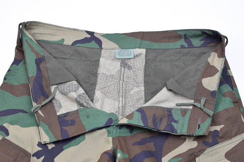 Close-up of Mil-Tec U.S. Military-style woodland camo ripstop BDU cargo pants waistband and interior details