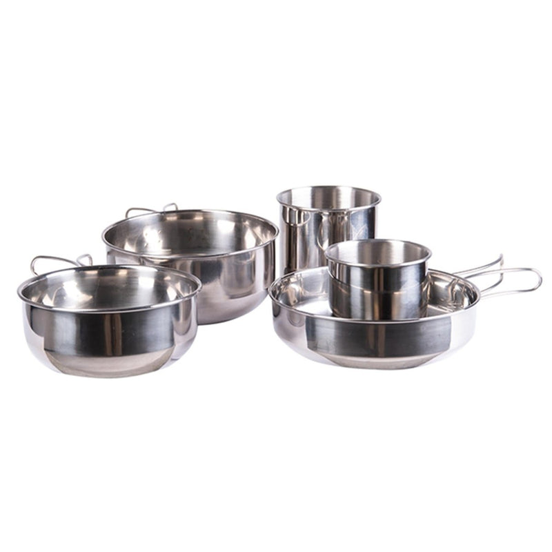 MIL-TEC stainless steel 5-piece camping cookware set including pots and cups for outdoor cooking and portability.