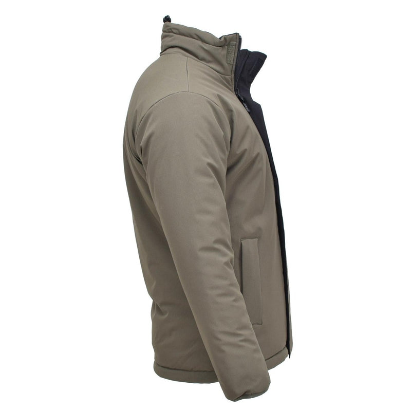 Side view of MIL-TEC German Military reversible cold weather jacket in olive green with windproof insulation