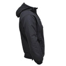Side view of black MIL-TEC fleece-lined military jacket with hood, windproof and designed for outdoor use.