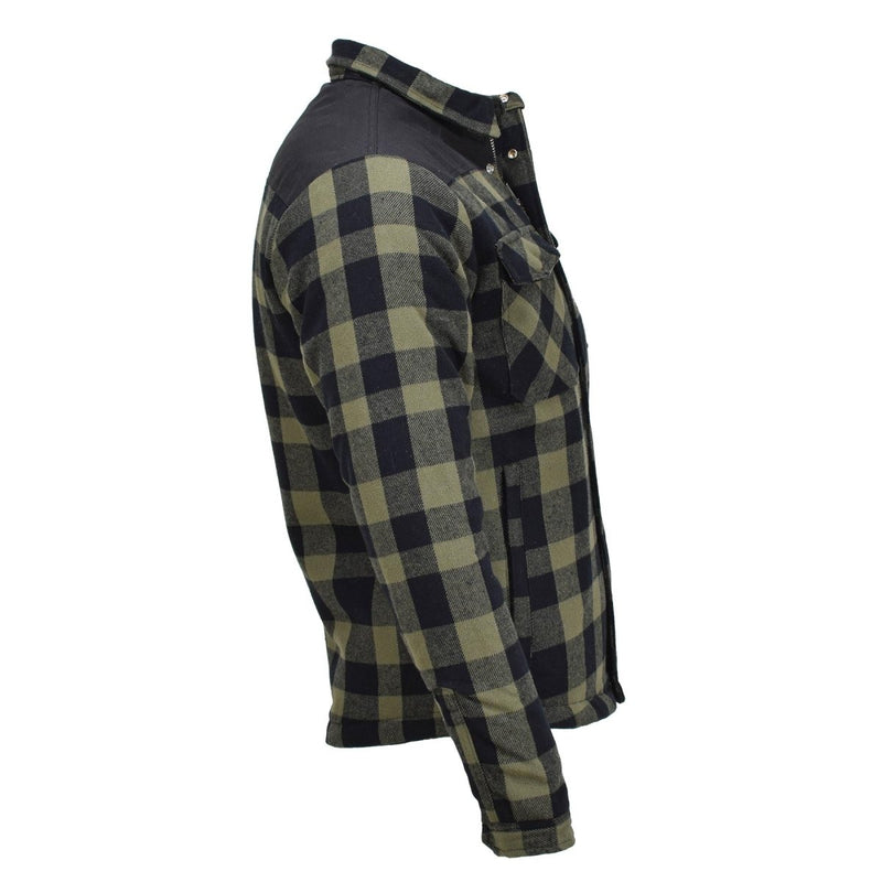 Side view of MIL-TEC German Military lumberjack jacket in black and olive plaid checkered pattern designed for warmth and durability.