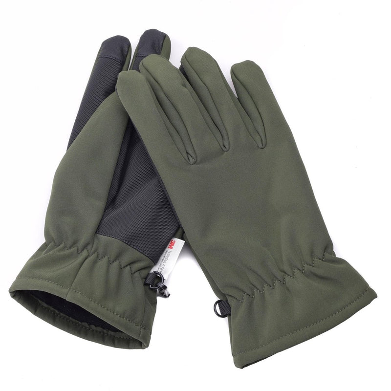 Olive green Mil-Tec softshell gloves with Thinsulate lining, reinforced palms, and anti-slip grip for winter use