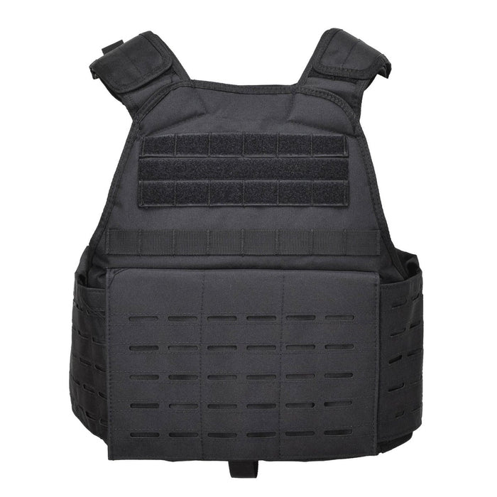 Schwarze MIL-TEC Laser Cut taktische Kampfplattenträgerweste mit MOLLE-Kompatibilität und verstellbaren Schultergurten.