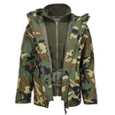 MIL-TEC woodland camo soft shell parka with removable fleece liner, waterproof and breathable winter jacket for outdoor use