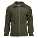 Olive green fleece-lined military style jacket with full zip front and long sleeves for outdoor use.
