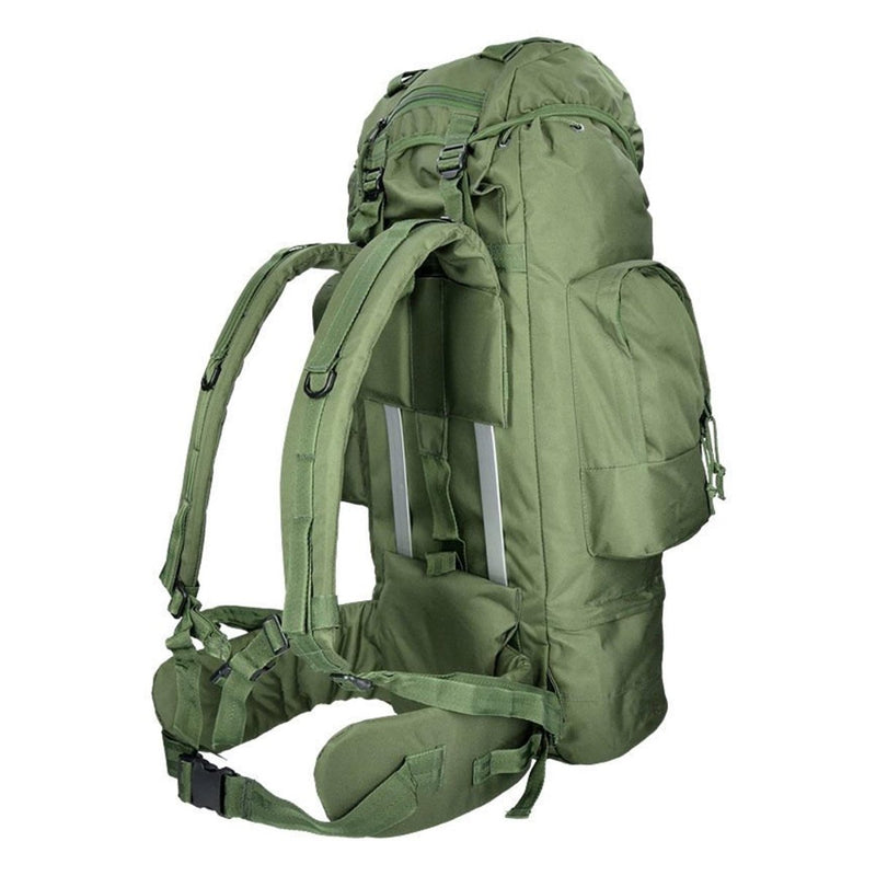 Green MIL-TEC Ranger 75L tactical backpack with padded straps and adjustable hip belt for hiking and outdoor use
