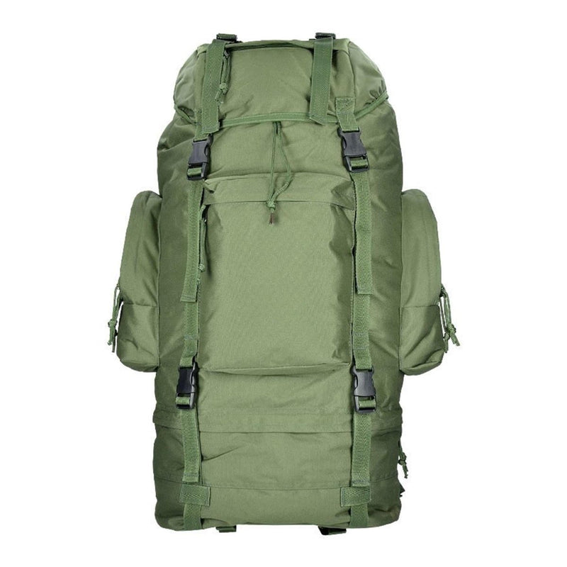 Green MIL-TEC RANGER 75L tactical backpack with multiple compartments, adjustable straps, and waterproof rain cover.