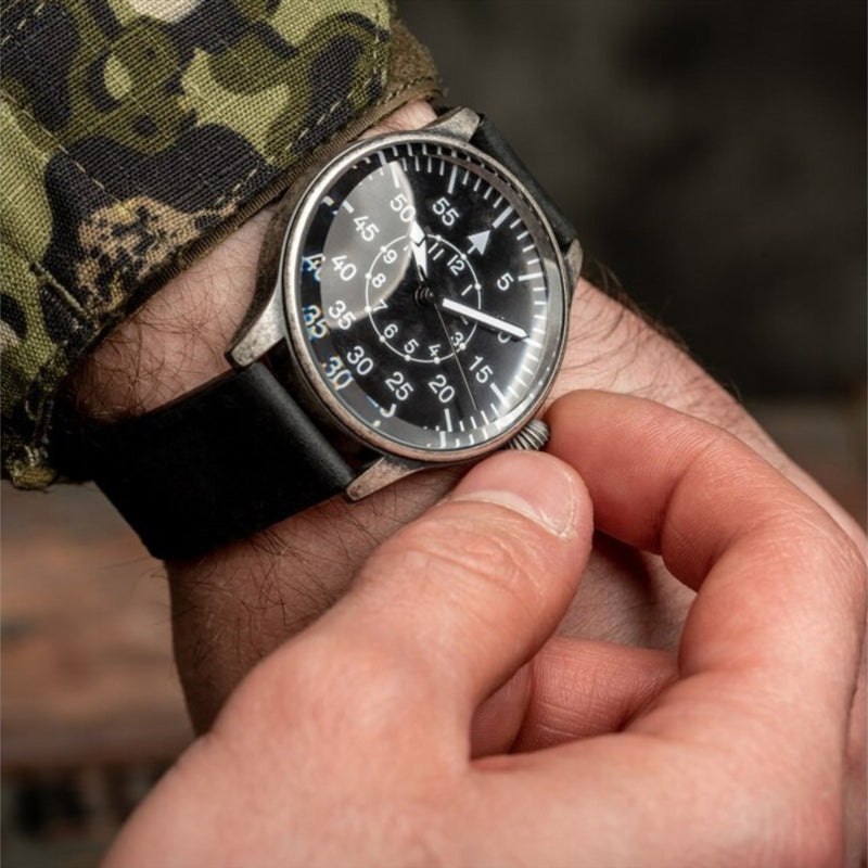MIL-TEC Retro Fliegeruhr Quarzwerk Naturlederarmband schwarz