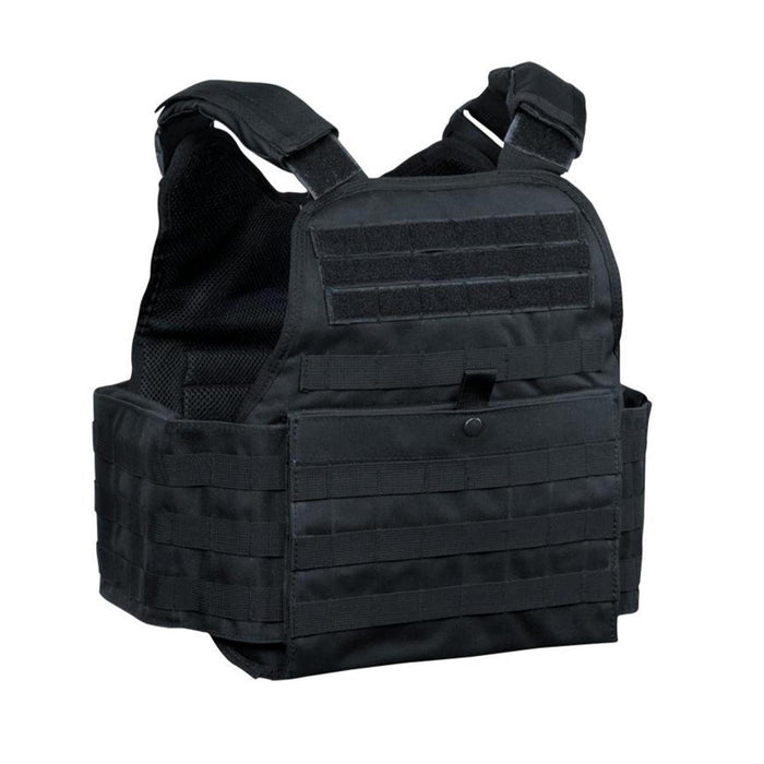 Schwarze taktische Plattenträgerweste von MIL-TEC mit verstellbaren Trägern und MOLLE-Gurtband für den Einsatz beim Militär oder bei der Strafverfolgung.